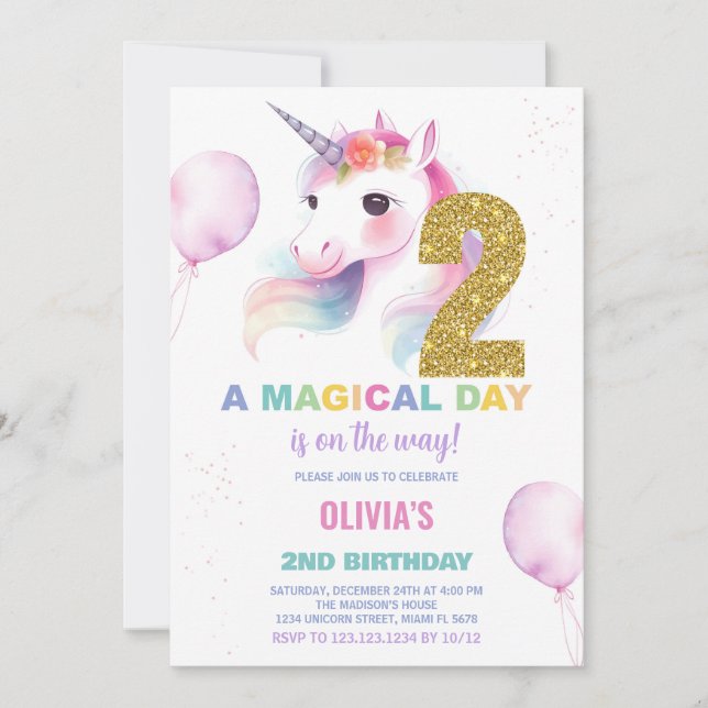2nd Birthday Unicorn Birthday Invitations (Front)