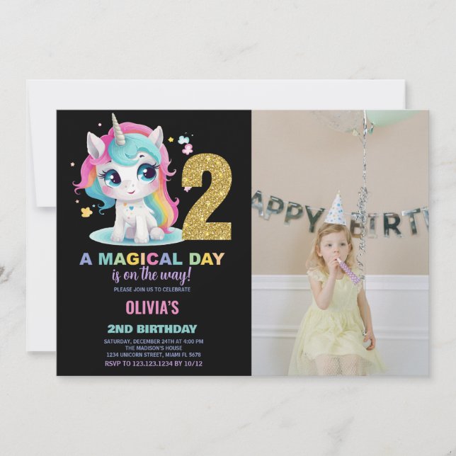 2nd Birthday Unicorn Birthday Invitations photo (Front)