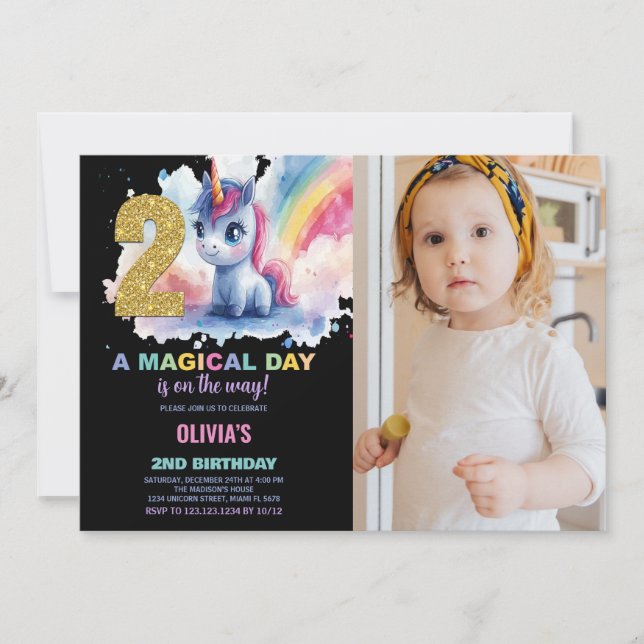 2nd Birthday Unicorn Birthday Invitations photo (Front)