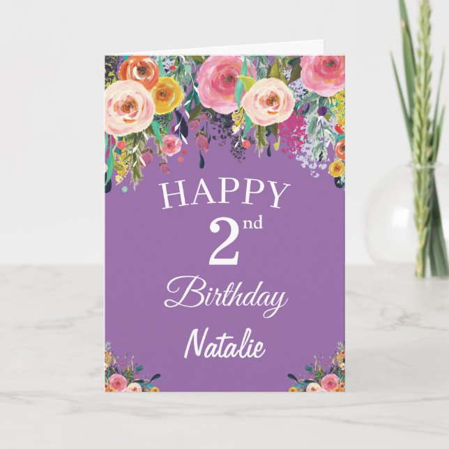 2nd Birthday Watercolor Floral Flowers Purple Card (Front)