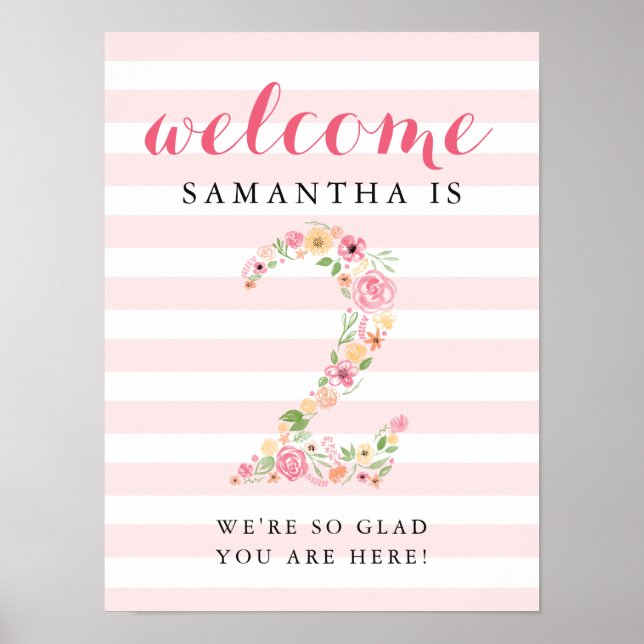 2nd Birthday Welcome Sign Pink Watercolor Florals (Front)