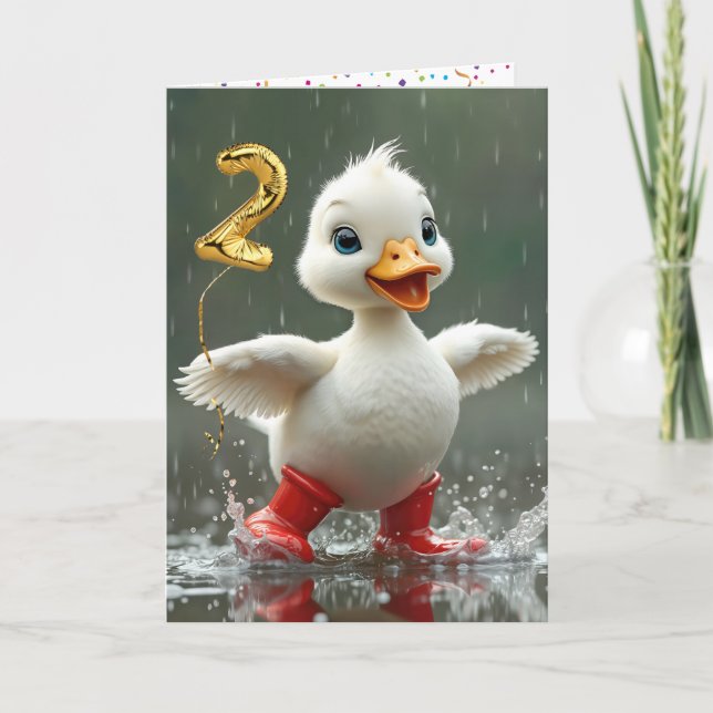 2nd Birthday White Duckling In a Rain Puddle  Card (Front)