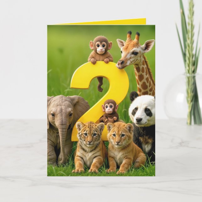 2nd Birthday Wildlife Animal Babies Card (Front)