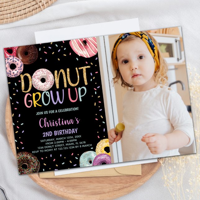 2nd Black Photo Doughnuts Birthday Invitations (2nd Black Photo Donuts Birthday Invitations)