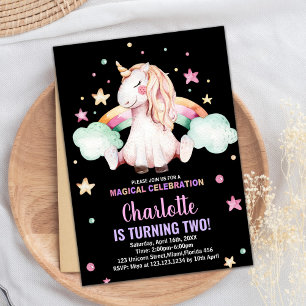 2nd Black Unicorn Birthday Invitations