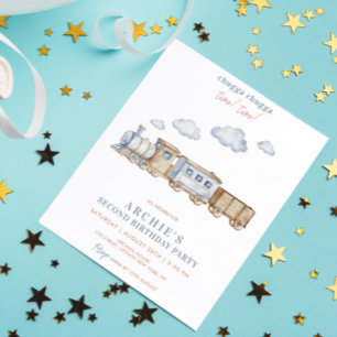 2nd Boy Birthday Party Train Watercolor TWO TWO Invitation