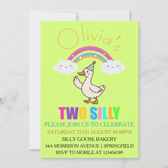 2nd Cute Rainbow Clouds And Silly Goose Birthday  Invitation (Front)