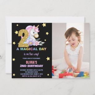 2nd Floral Unicorn Birthday Invitations with Photo