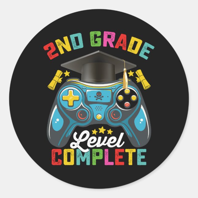 2nd Grade Level Complete Graduation Gaming Gamer Classic Round Sticker (Front)