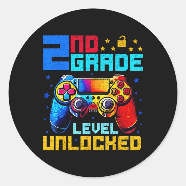 2nd Grade Level Unlocked Gamer First Day Of School Classic Round Sticker (Front)