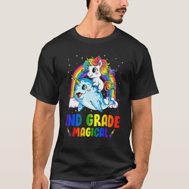 2nd Grade Magical Unicorn Riding Narwhal Back To S T-Shirt (Front)