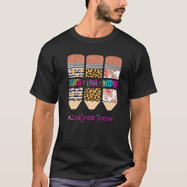 2nd Grade Teacher Teach Love Inspire Pencil Leopar T-Shirt (Front)