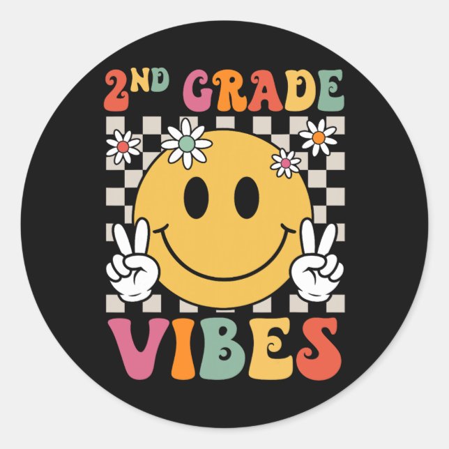 2nd Grade Vibes Girls Retro Smile Teacher Team Sec Classic Round Sticker (Front)