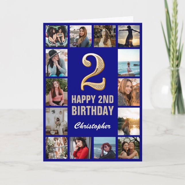 2nd Happy Birthday Navy Blue & Gold Photo Collage Card (Front)