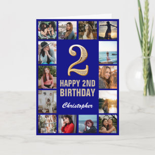 2nd Happy Birthday Navy Blue & Gold Photo Collage Card