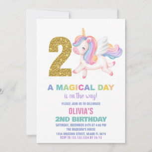 2nd Rainbow Unicorn Birthday Invitations
