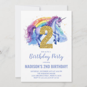 2nd Rainbow Unicorn Birthday Invitations