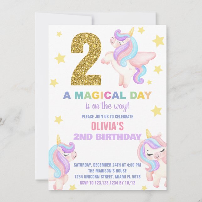 2nd Rainbow Unicorn Birthday Invitations Fly (Front)