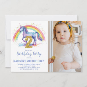 2nd Rainbow Unicorn Birthday Invitations photo