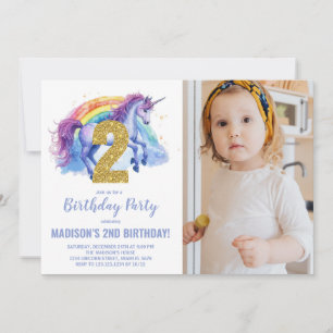 2nd Rainbow Unicorn Birthday Invitations photo