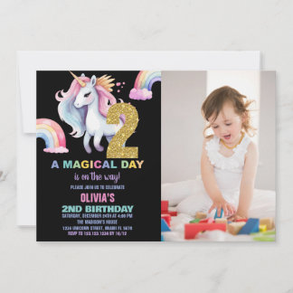 2nd Rainbow Unicorn Birthday Invitations w photo