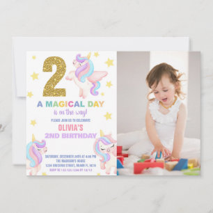 2nd Rainbow Unicorn Birthday Invitations w photo
