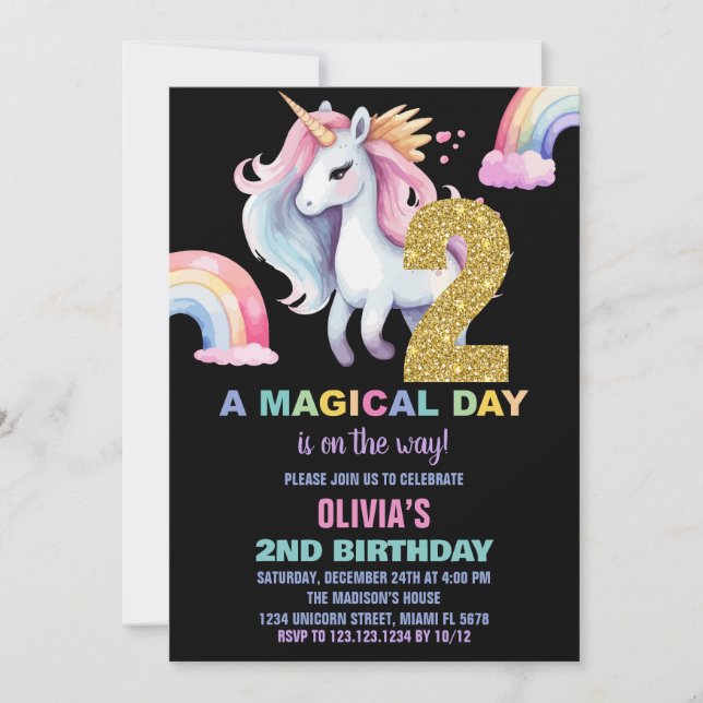 2nd Rainbow Unicorn Birthday Invitations watercolo (Front)