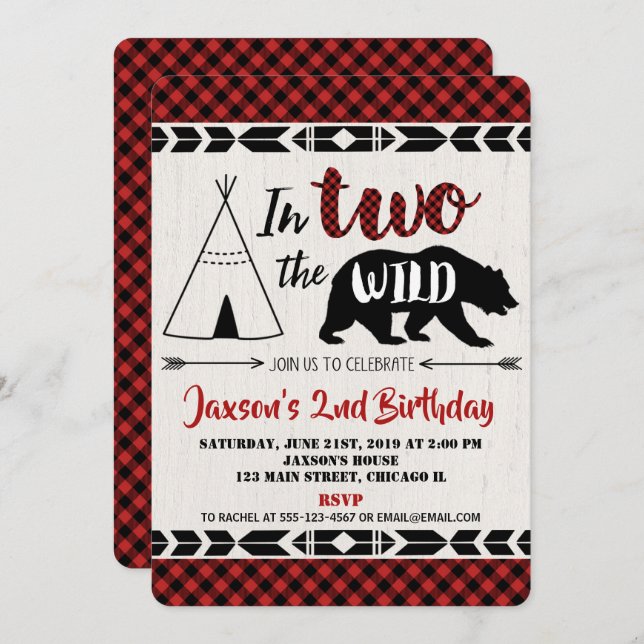 2nd second birthday invitation boy wild two bear (Front/Back)