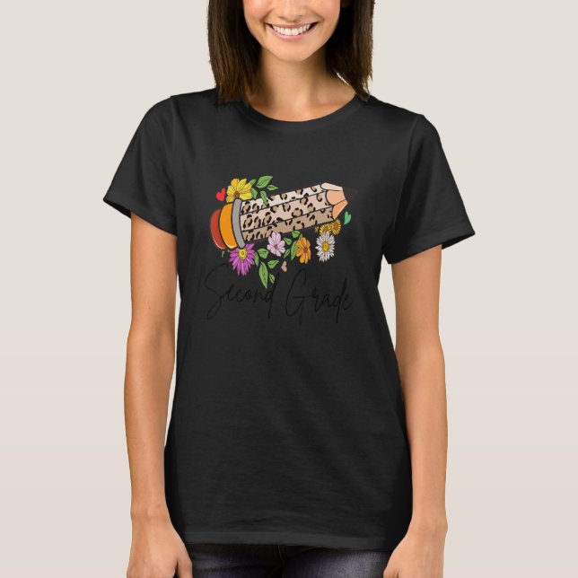 2nd Second Grade Leopard Pencil Flower Cute Teache T-Shirt (Front)