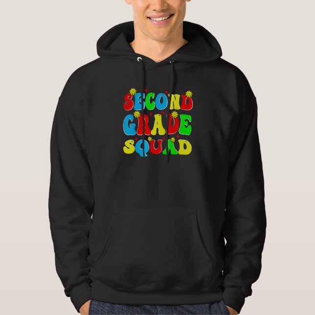 2nd Second Grade Squad Retro Groovy Teacher Back T Hoodie (Front)