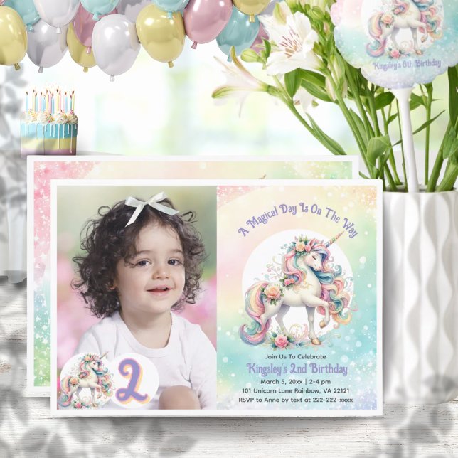 2nd Second Unicorn Birthday Party Pastel Rainbow Invitation (2nd Second Unicorn Birthday Party Pastel Rainbow Invitation)