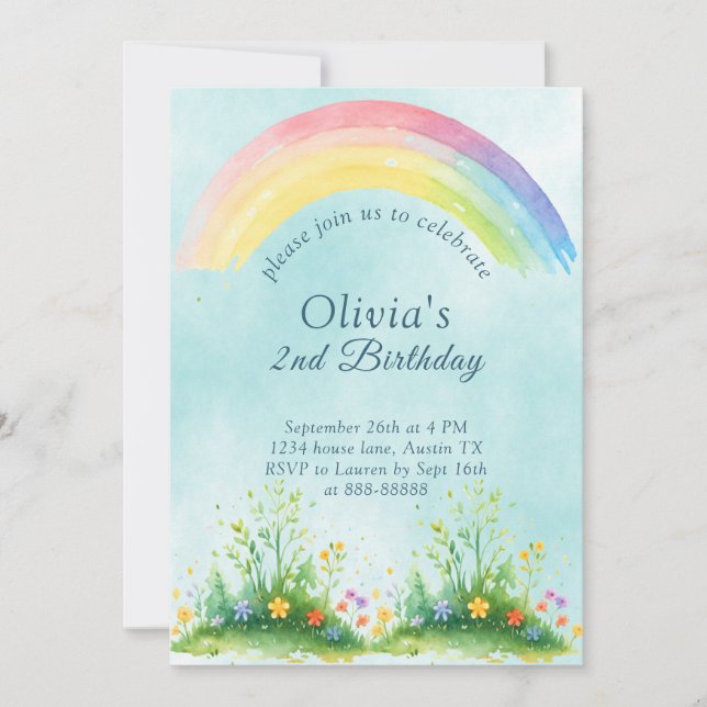 2nd Summer Watercolor Rainbow Blue Sky Birthday Invitation (Front)