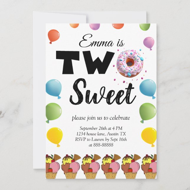 2nd Two Sweet Birthday Doughnut Ice Cream Birthday Invitation (Front)