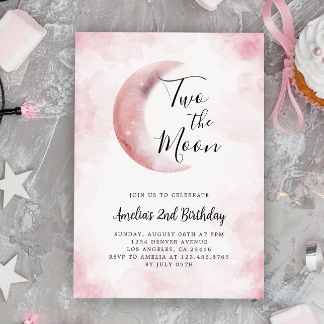 2nd Two The Moon Girl Birthday Party Pink  Invitation (2nd Two The Moon Girl Birthday Party Pink Invitation
)