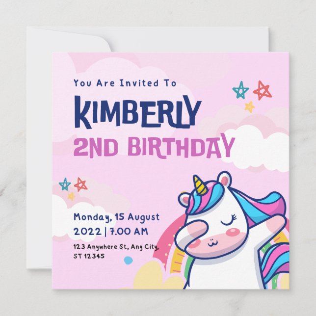 2nd Unicorn Birthday  Invitation Card (Front)