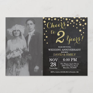 2nd Wedding Anniversary Chalkboard Black and Gold Invitation
