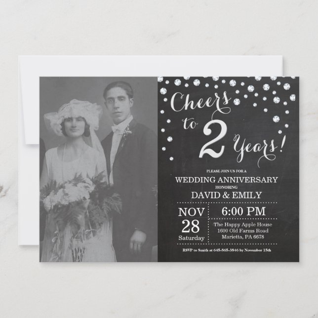 2nd Wedding Anniversary Chalkboard Black Silver Invitation (Front)