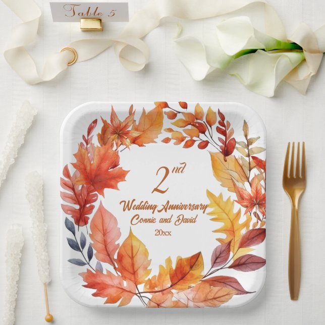 2nd Wedding Anniversary Fall Floral  Paper Plate (Wedding)
