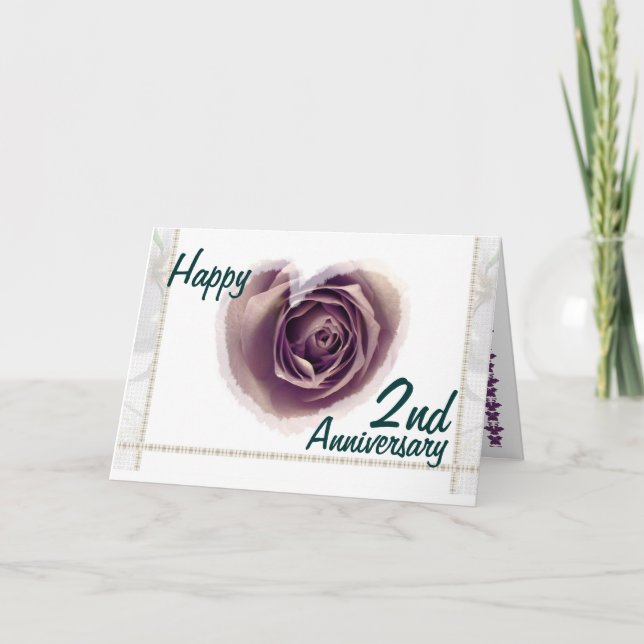 2nd Wedding Anniversary - Purple Rose Heart Card (Front)