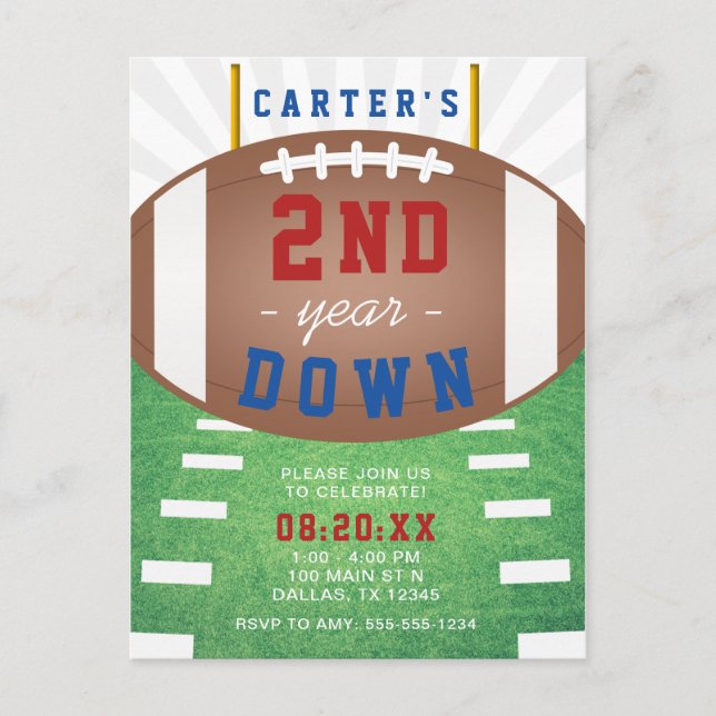 2nd Year Down Football Theme Birthday Invitation Postcard (Front)