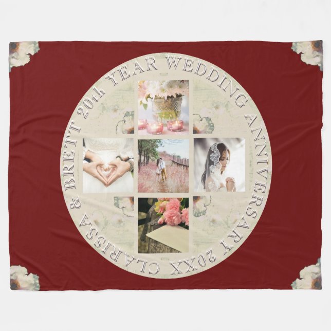 2nd yr.Wedding Anniversary 5 Photos Burgundy Fleece Blanket (Front (Horizontal))