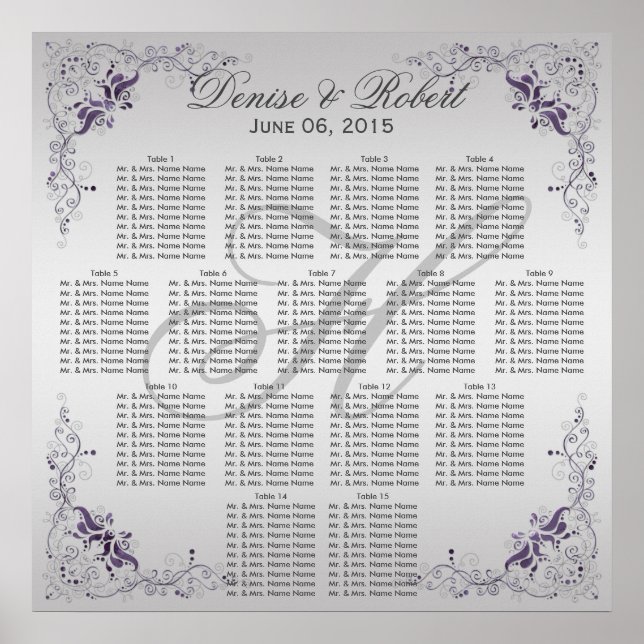 #2Ornate Purple Silver Floral Swirls Seating Chart (Front)