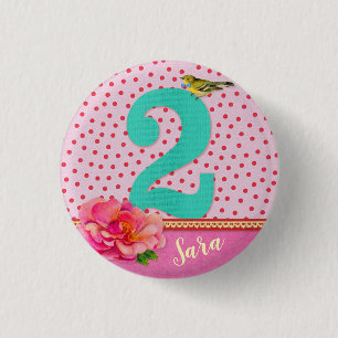 2rd birthday vintage bohemian flower 3 cm round badge