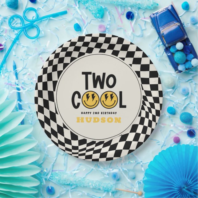 2st birthday smile face retro black white groovy paper plate (Party)