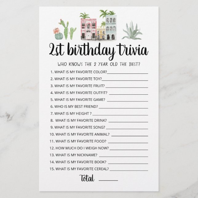 2st Birthday Trivia editable game (Front)