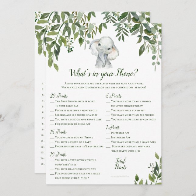 2x Games Elephant Baby Shower 5x7" Size Invitation (Front/Back)