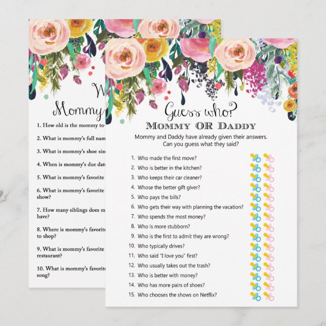 2x Games Flower Garden Baby Shower 5x7" Size Invitation (Front/Back)