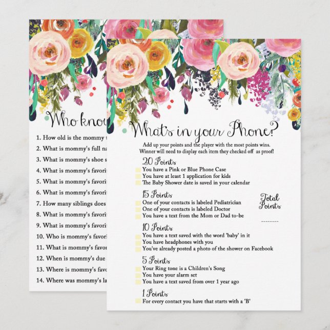 2x Games Flower Garden Baby Shower 5x7" Size Invitation (Front/Back)