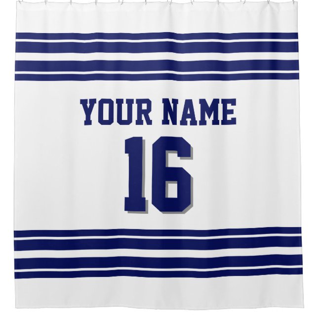 2X Stripes navy text Shower Curtain (Front)