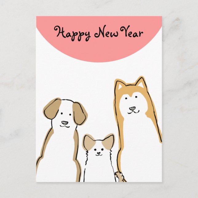 3匹の犬 年賀状(縦) ピンク丸 HOLIDAY POSTCARD (Front)